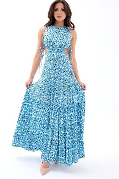 aura7 collection Women's Clothing Torino Long Blue Dress with Side Window and...