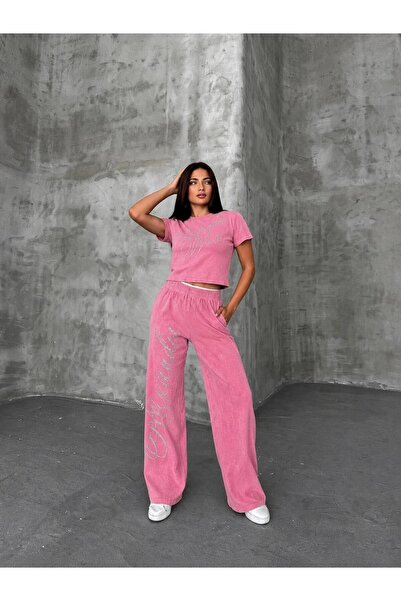 MIZUKI Women's Pink Stone Detailed Washed Crop T-Shirt and Wide Leg Sweatpant...