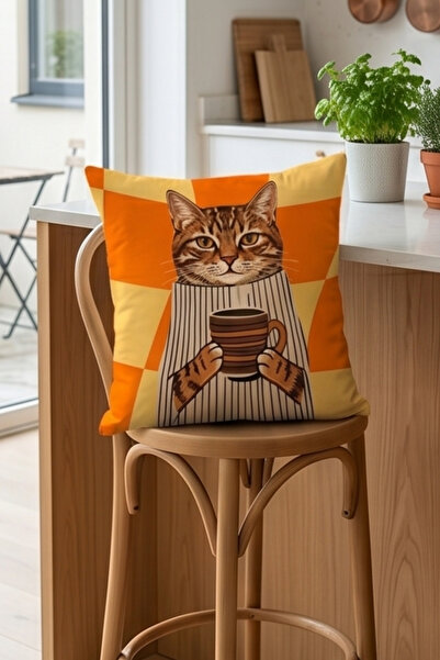 Atay Home Coffee Drinking Cat Patterned Decorative Throw Pillow Cover 43X43 cm Double Sided Orange Checkered Background