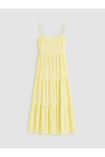 LC Waikiki Yellow Square Collar Rope Strap Layered Dress
