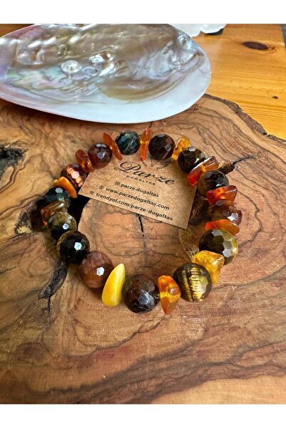 parze doğaltaş Cheetah's Eye and Drop Amber Design Natural Stone Bracelet