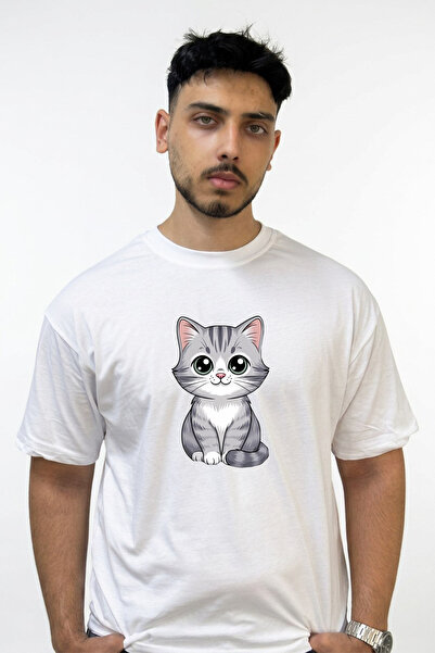 Anetos Cartoon Cat Design Printed Oversize White T-Shirt