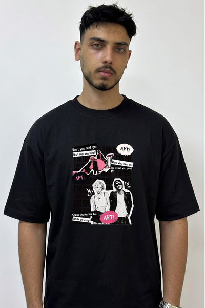 Anetos Bruno Mars Collage Design Printed Oversize Black T-Shirt