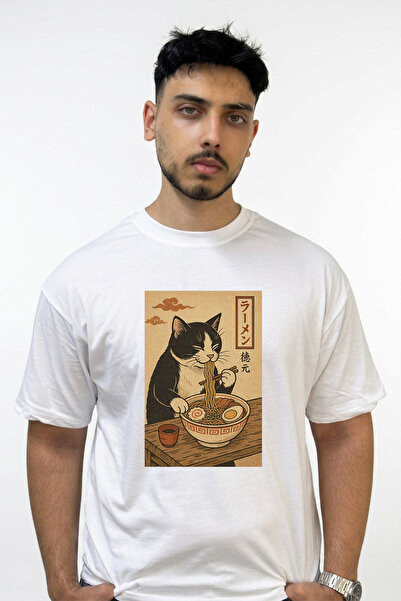Anetos Japanese Cat Ramen Design Printed Oversize White T-Shirt