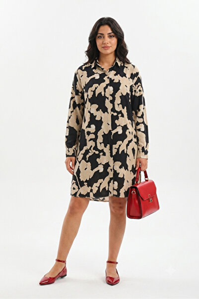 Polologin Butik Black and Cream Abstract Patterned Women's Viscose Shirt Tunic