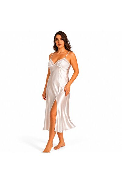 El Major Women's Plus Size White Satin Lace Detailed Nightgown