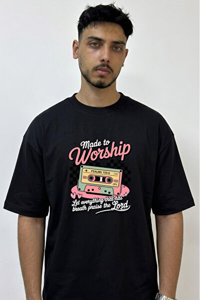 Anetos Worship Tape Design Printed Oversize Black T-Shirt