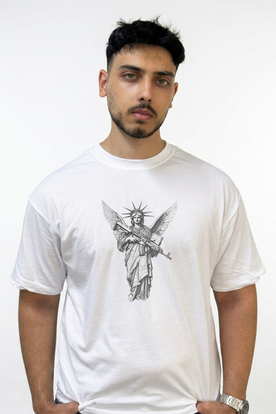 Anetos Liberty Angel Gun Design Printed Oversize White T-Shirt