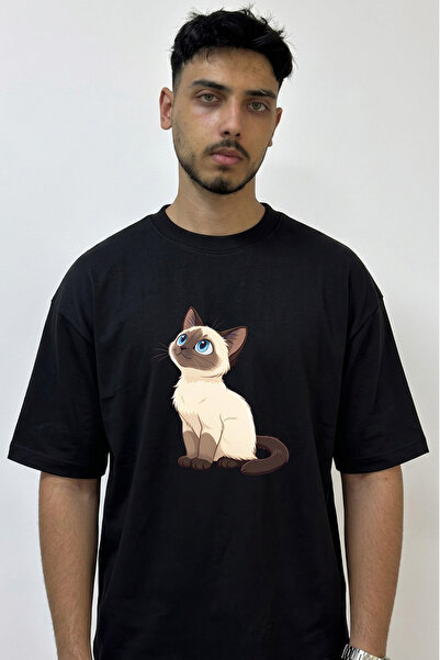 Anetos Siamese Cat Design Printed Oversize Black T-Shirt