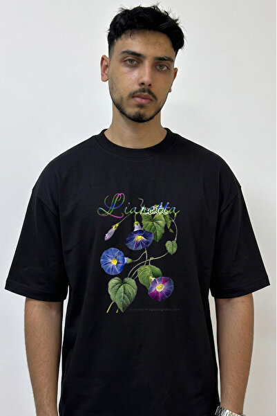 Anetos Tricou negru supradimensionat cu imprimeu Morning Glory Design