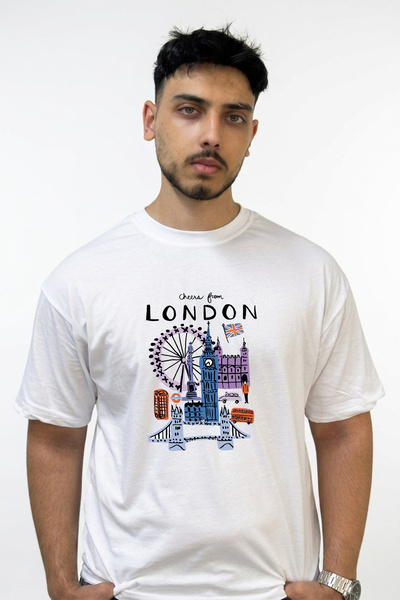 Anetos تي شيرت أبيض كبير الحجم مطبوع بتصميم London BigBen Eye