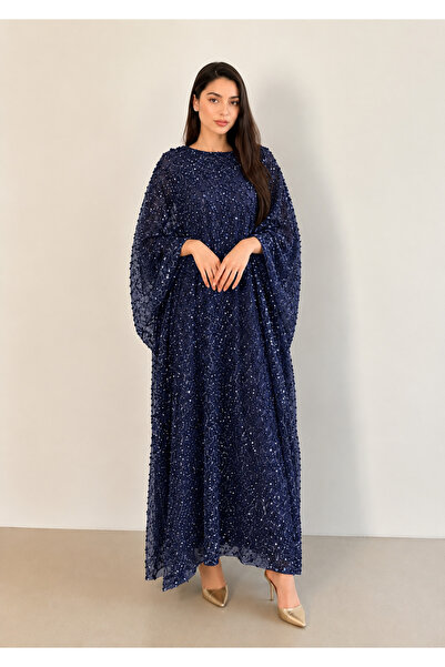 DVNA Luxury Navy Blue Kaftan with Fully Embroidered Sequins Work Butterfly Sl...