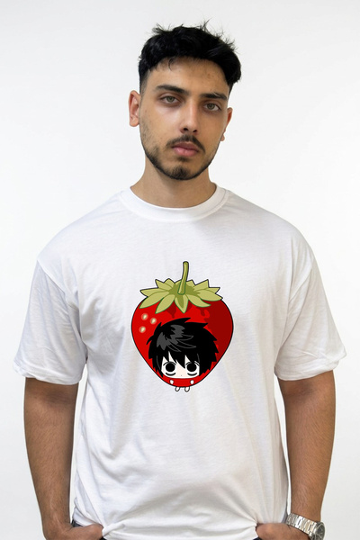 Anetos L Strawberry Design Printed Oversize White T-Shirt