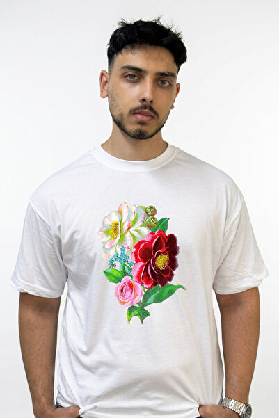 Anetos Vintage Flowers Design Printed Oversize White T-Shirt