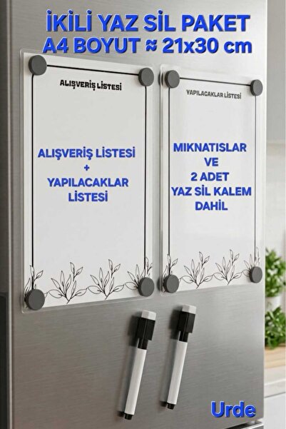 URDE YAZ SİL İkili Set - Mıknatıslı Yaz Sil Alışveriş ve Yapılacaklar Listesi...
