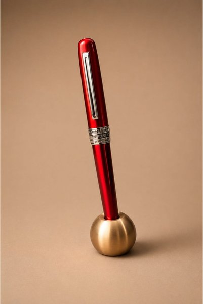 Plaisir Red Ballpoint Pen + Brass Pen Holder