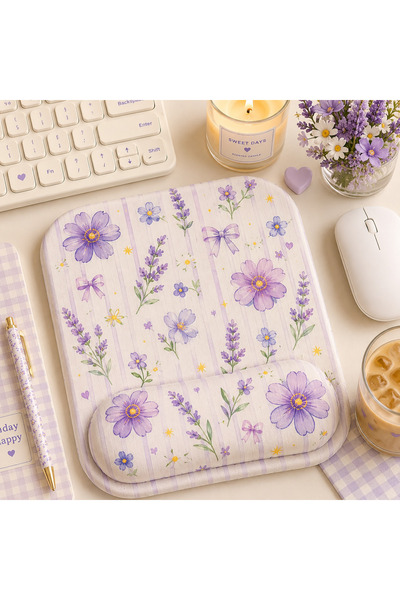 matizya Lavanta Çiçek Desenli Bilek Destekli Mousepad 19x23 cm Ergonomik Kaym...