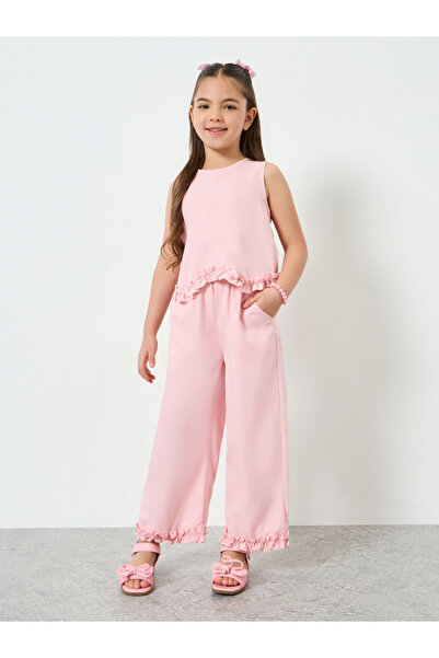 Styli Girls Pink Ruffle Trim Top and Wide-Leg Pants Set