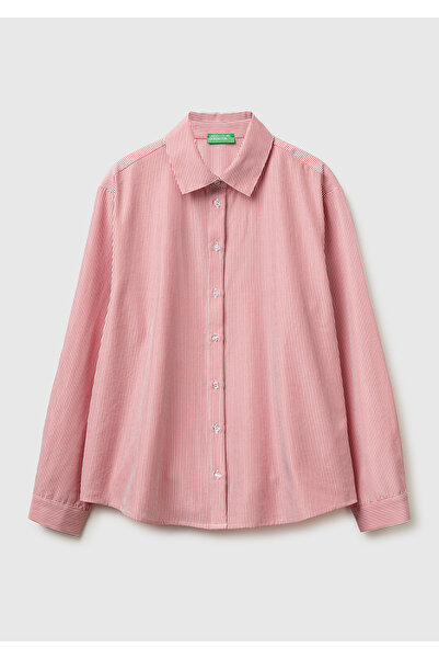 United Colors of Benetton Women's Red Cotton Blend Shirt with Embroidery Deta...