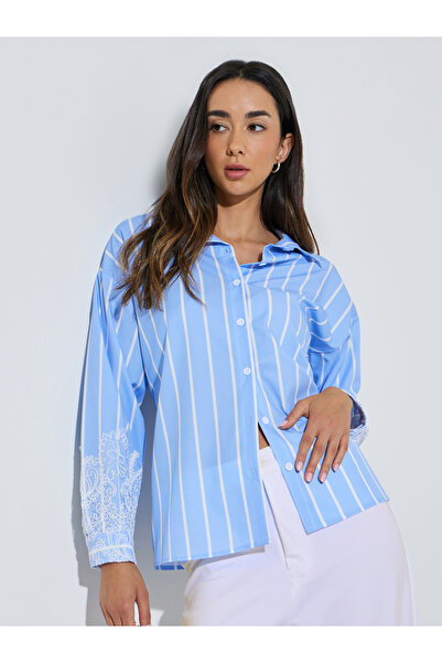 Styli Blue Lace Trim Striped Oversized Casual Shirt