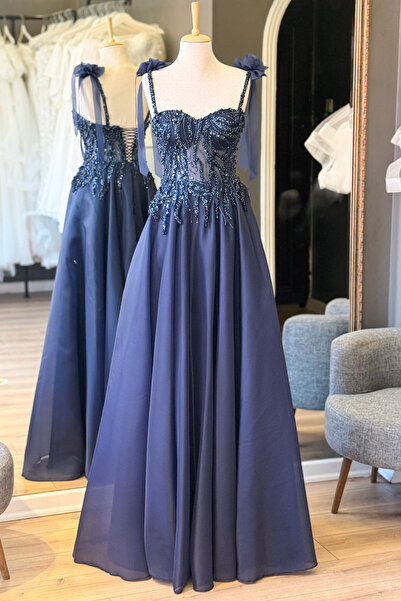 Lenta Moda Lacivert İncili Dantel Kaplama Karolin Etek Maxi Boy Abiye ve Part...