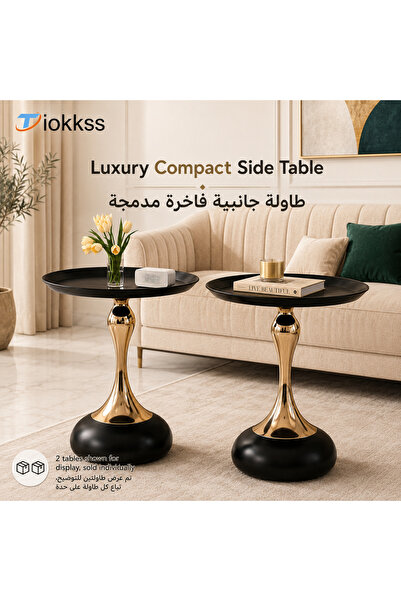 Tiokkss Luxury Black & Gold Round Side Table, Compact Sofa Side Table, Modern...
