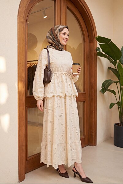 Modamorfo Elastic Sleeves, Belted, Scalloped Lined Linen Look Suit - Beige