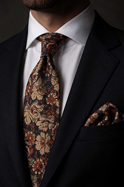 Kravatkolik Beige Orange Floral Pattern Classic Tie with Handkerchief Kk13801