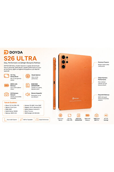 DOYDA Android Turuncu S26 Ultra 10.1" Tablet