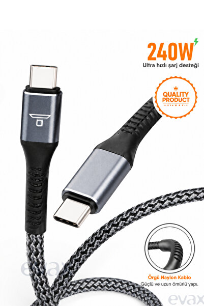 Evax 240W Type-C To Type-C Siyah Hasır Örgülü Güçlü Uç Yapılı 1 Metre PD 3.1 ...