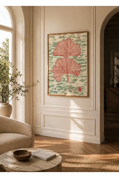 Boho wellness studio Ahşap Çerçeveli Japon Ginkgo Yaprakları Poster Tablo | M...