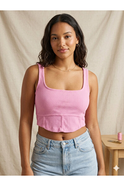 XICCOO Kadın Fitilli Askılı Crop Atlet –pembe renk Esnek Kumaş Yazlık Basic Bluz
