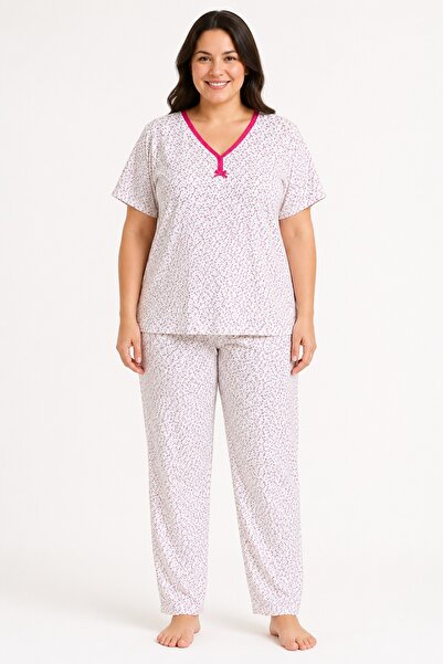 CottonVia Mother's Pajama Set, Ribbed V-Neck, Floral Pattern, Short Sleeve, 1...