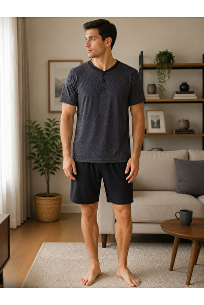BALİS PİJAMA Men's Cotton Patterned Buttoned Pajama Set Short Sleeve Shorts S...