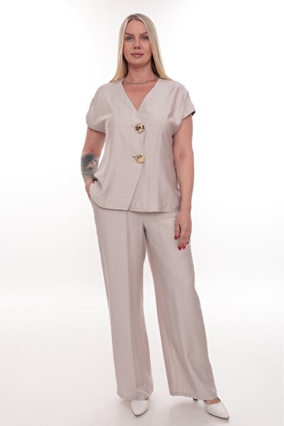 etselements V-Neck Button Detailed Short-Sleeved Linen Suit