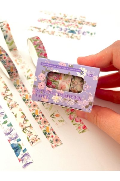 Kağıt Gemi Dükkan Spring Flower Love Bahar Çiçekleri Temalı 5'li Washi Bant Set (5*2m)/Masking Tape/Desenli Bant