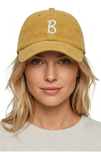 ŞapkaMania Letter B Yellow Embroidered Washable Vintage Unisex Hat