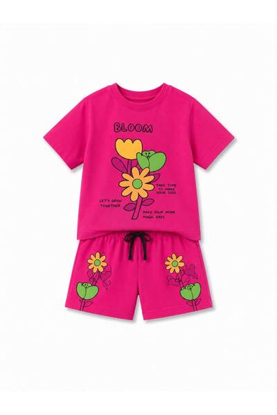 YİGİT BUTİK Girl's Bloom Printed Shorts Set Summer Floral Patterned Top and B...