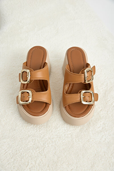 Tonny Black Women's Tan Comfortable Fit Double Buckle Thick Soled Slippers