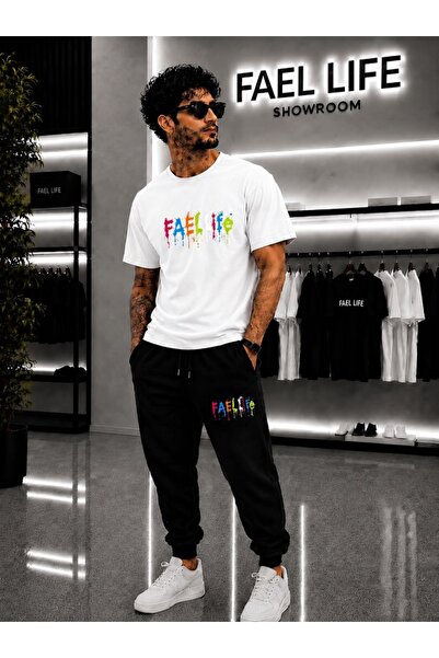 FAEL LİFE Unisex Wide-Let T-Shirt and Sweatpants Colorful Feal Life Printed Set
