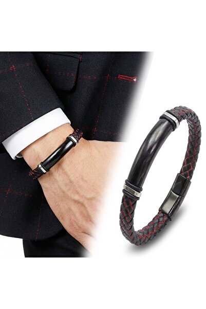 OGHAMAY Name Engravable Red Black Leather and Black Titanium Lock Bracelet 18...
