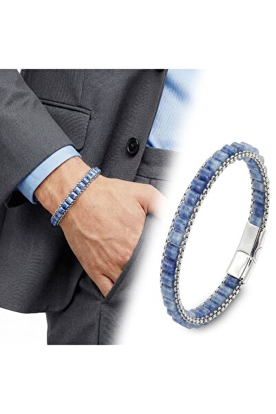 OGHAMAY Blue Aventurine Natural Stone Wicker Mesh Chain Men's Steel Bracelet ...