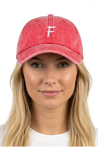 ŞapkaMania Red Embroidered Washable Vintage Unisex Hat with Letter F