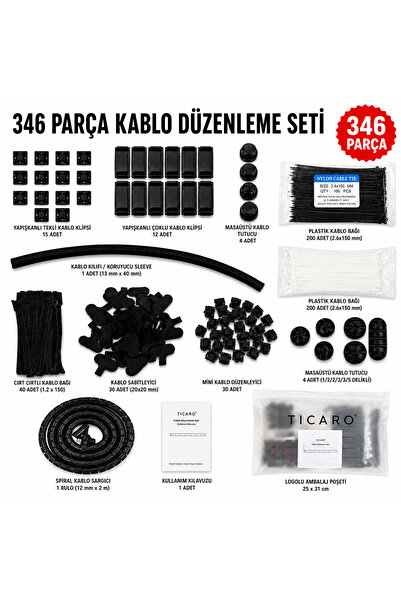 TİCARO 346 Parça Kablo Düzenleme Seti, Masa Altı ve Bilgisayar Kablo Düzenley...