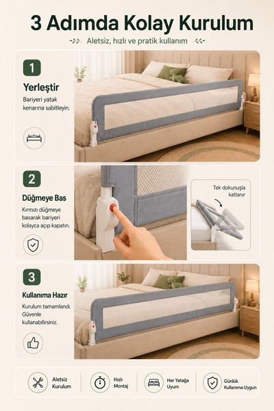 Babylike 180 cm Folding Bed Barrier Gray - Baby Child Safety Barrier, Anti-Fall Protective Barrier