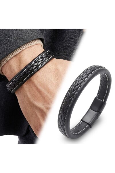 OGHAMAY Black Braided Leather Bracelet with Zamak Lock 18393B8D12Z