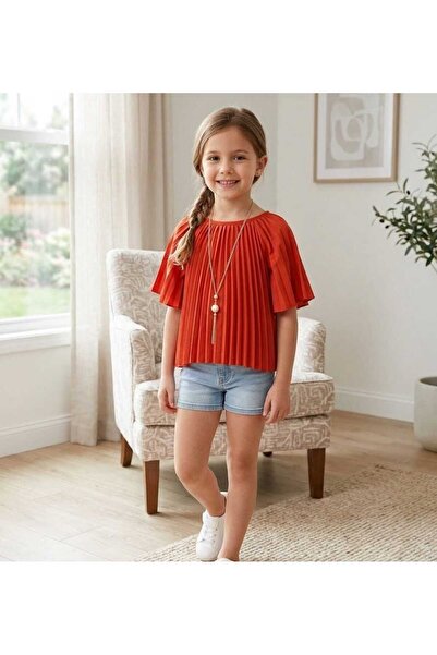 CUENTO KIDS Girl's Trendy Pleated Bat Sleeve Blouse with Accessories