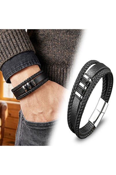 OGHAMAY Original Leather and 316L Multi Steel Men's Bracelet 18394B22D1