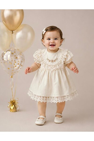 BABYGOLD Papatya Rüyası Çiçek Nakışlı Vintage Dantelli Krem Kız Bebek Müslin ...