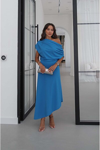 Havoş Blue Long Dress with Gathered Shoulder Detail